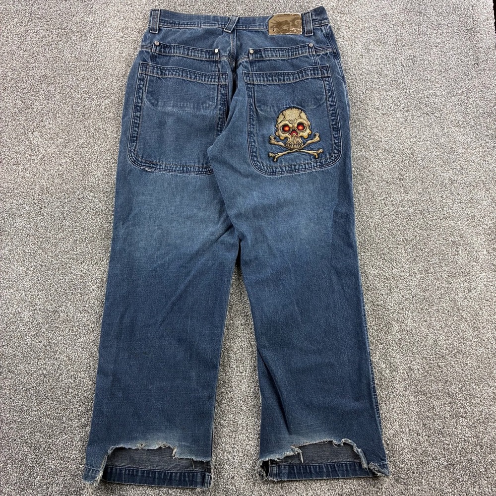 Vintage JNCO Jeans Mens 34x32 Blue Skull Embroidered Baggy Wide Leg Skater